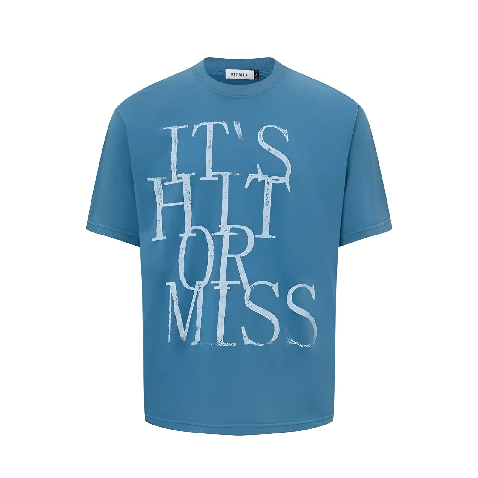 Men's blue loose fit t-shirt with American retro style letter printing on the front.