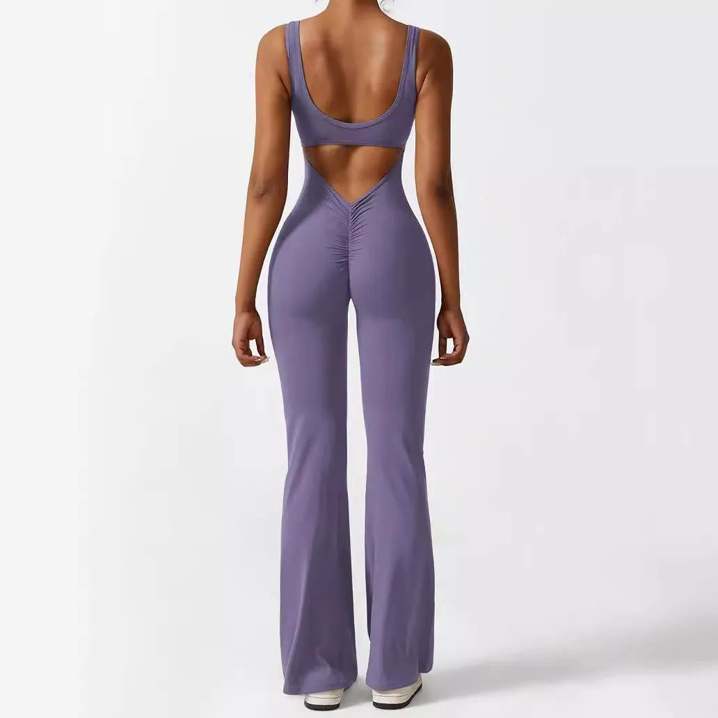 Women's sleeveless flare jumpsuit for fitness and yoga in multiple colours