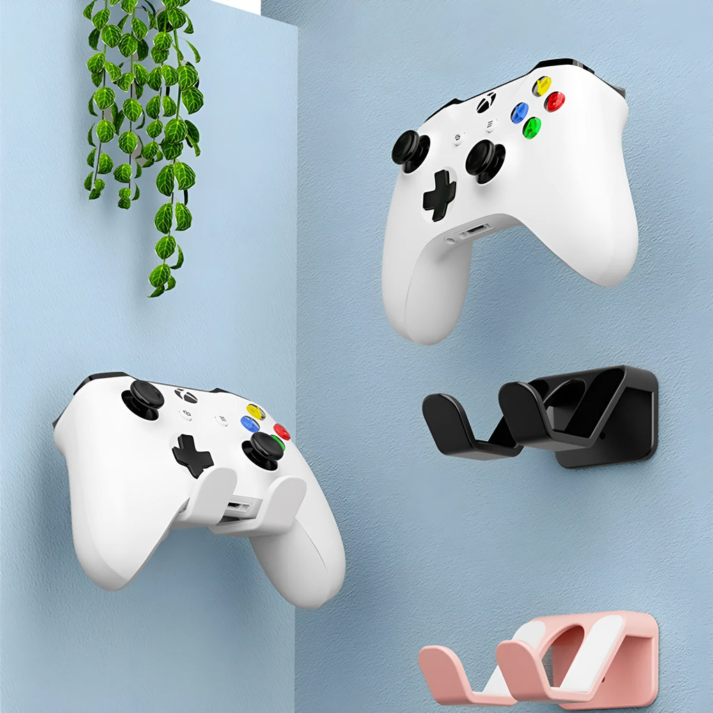 Black universal wall hanging rack for game controllers and headsets with adhesive pads and screws