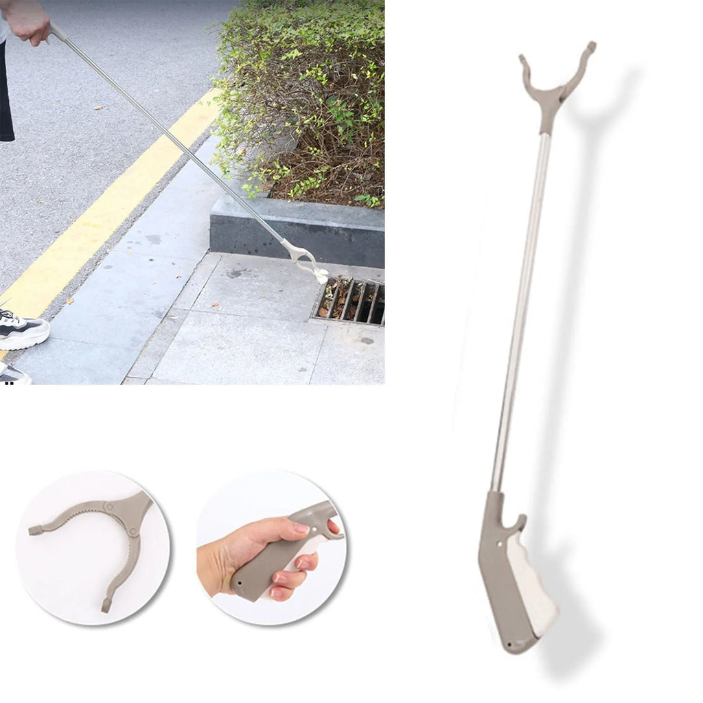 Stainless steel long-handled grabber tool with push-type handle for one-handed operation