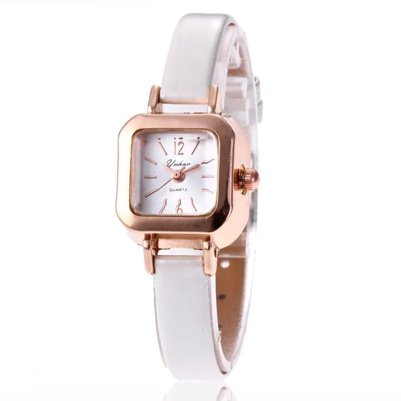Retro style women's fashion watch with 10mm thick alloy case in black, white, pink, or brown colour options