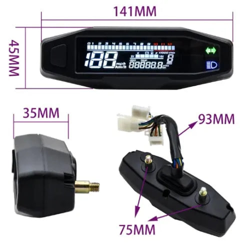 Black motorcycle mini LCD speedometer with backlit display showing digital readouts