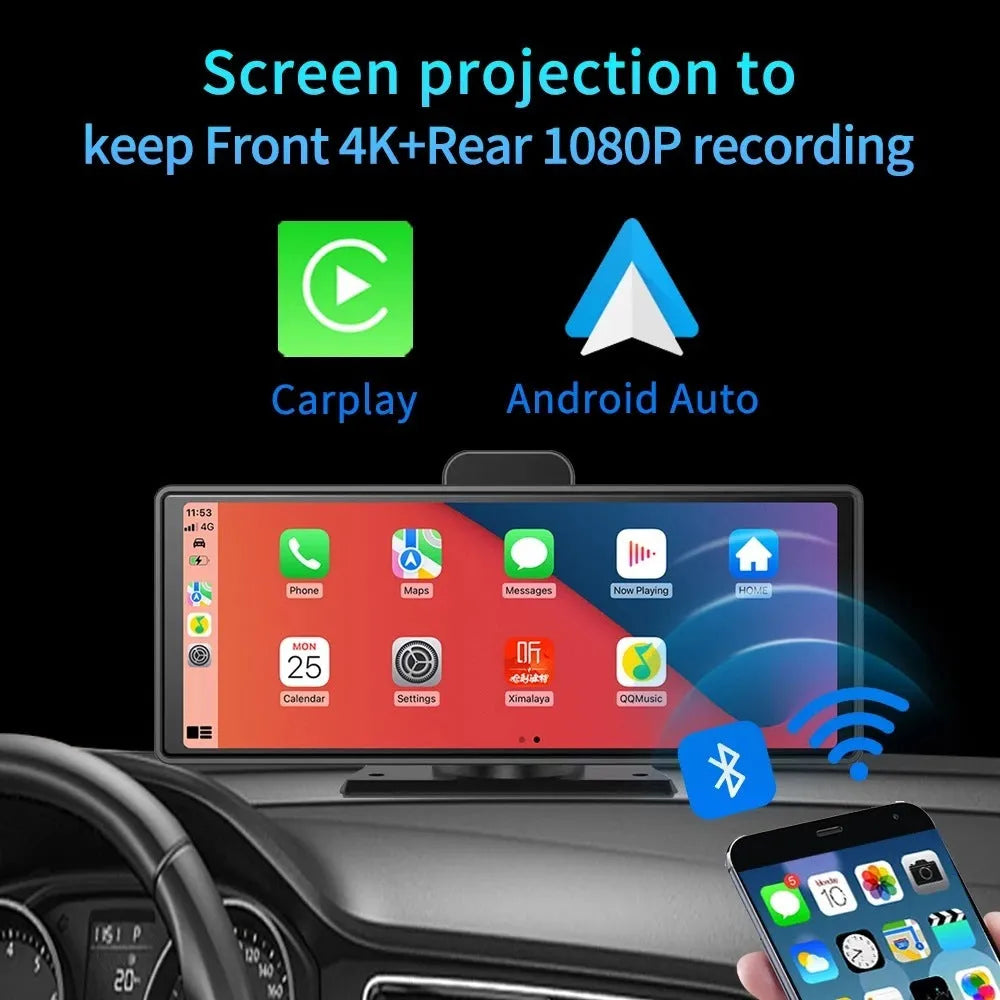 12-inch touch screen car dash cam unit with separate rear camera for front and rear recording.