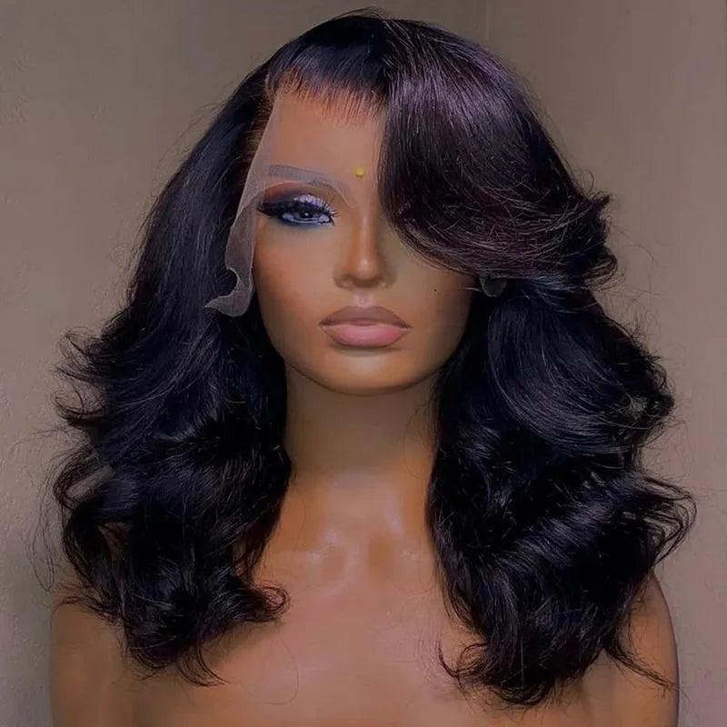 Black 100% human hair lace front wig with wavy curly texture and natural baby-hair hairline