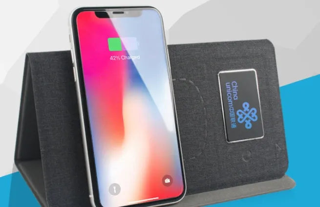 Folding wireless charging mouse pad set with cloth surface and wireless mouse showing folded and extended positions