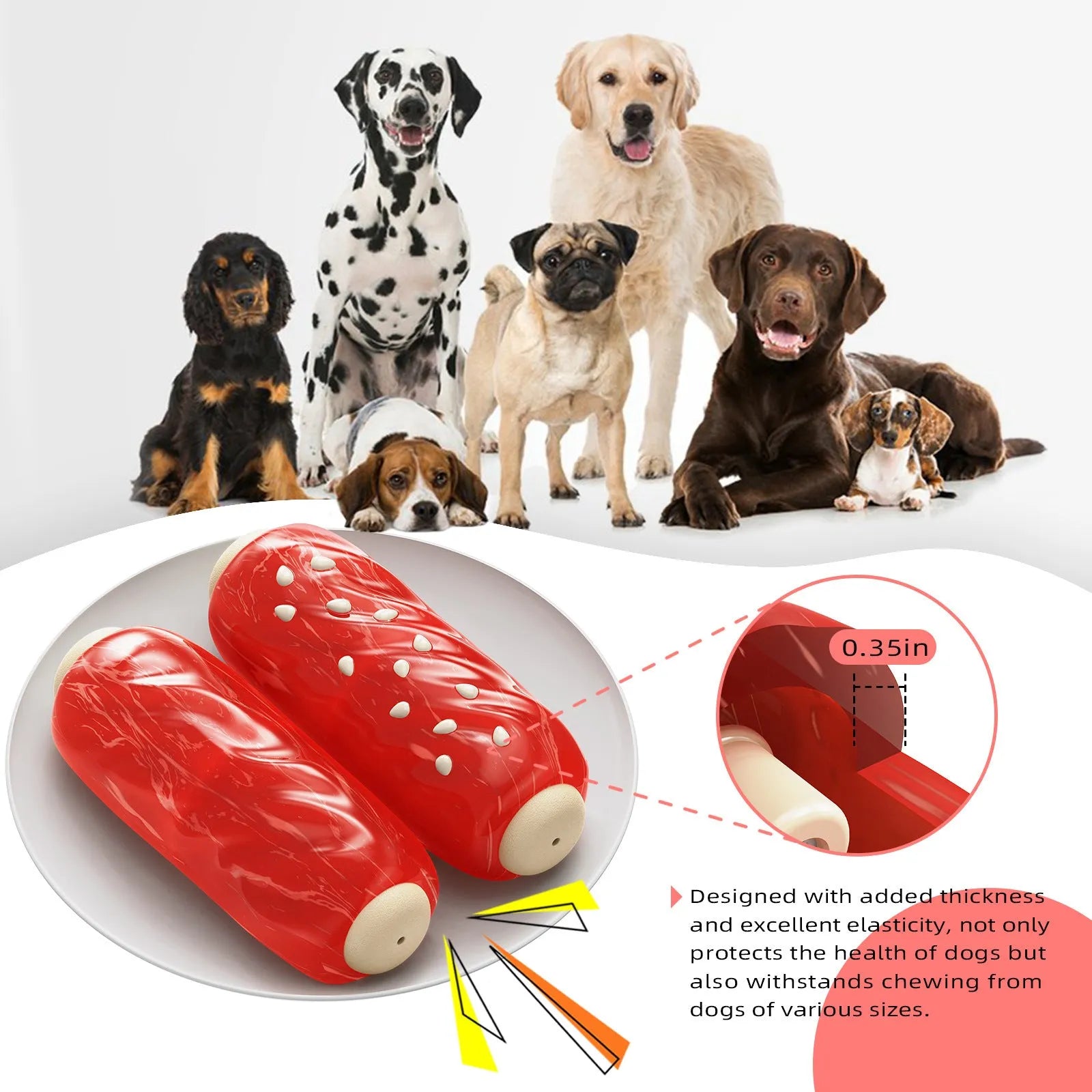 A primary-colour plastic molar rod dog chew toy with textured surfaces and a treat cavity.