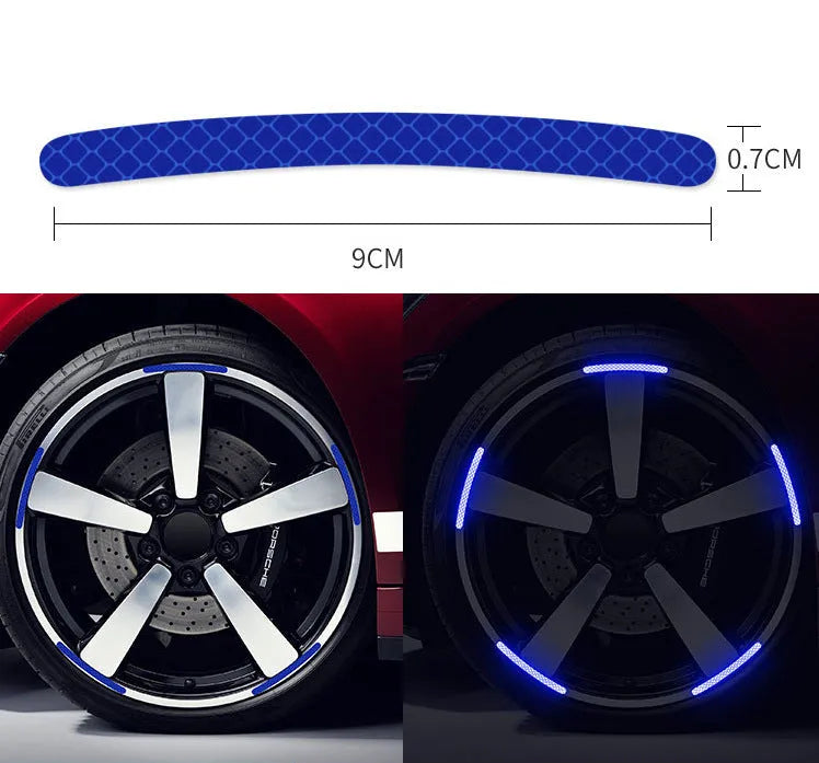 Pack of 20 arc-shaped reflective PVC stickers for car wheel hubs in various colour options