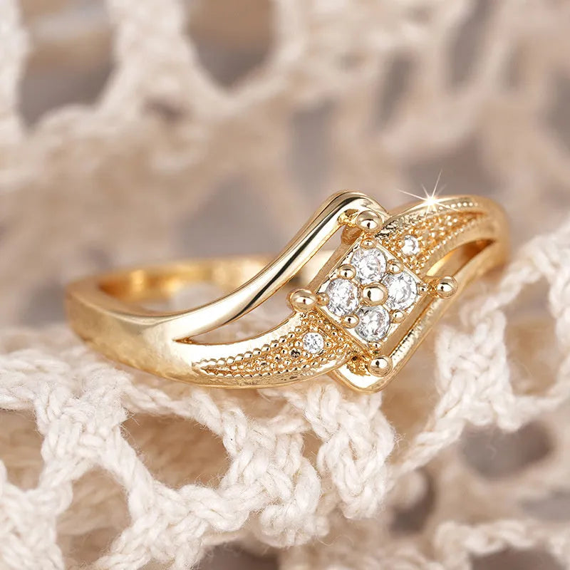 Yellow gold copper diamond ring with micro inlaid zircon stones and geometric line design