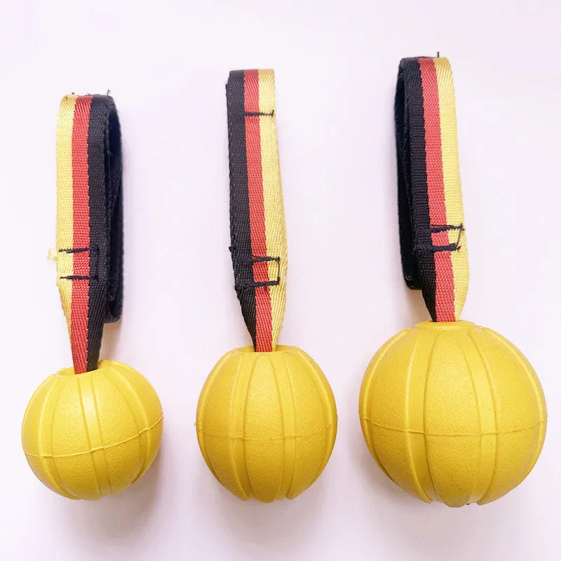 Floating camouflage and yellow EVA tetherball dog toys in three sizes: 6.5cm, 7cm, and 9cm diameters