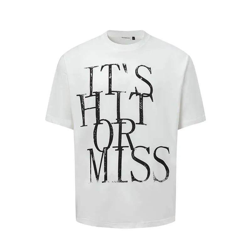 Men's blue loose fit t-shirt with American retro style letter printing on the front.