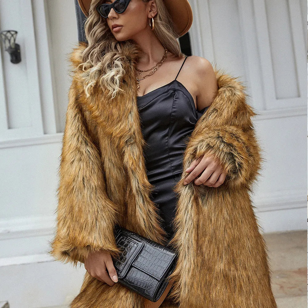 Yellow loose-fit women's artificial fur coat with regular sleeves and 80cm length
