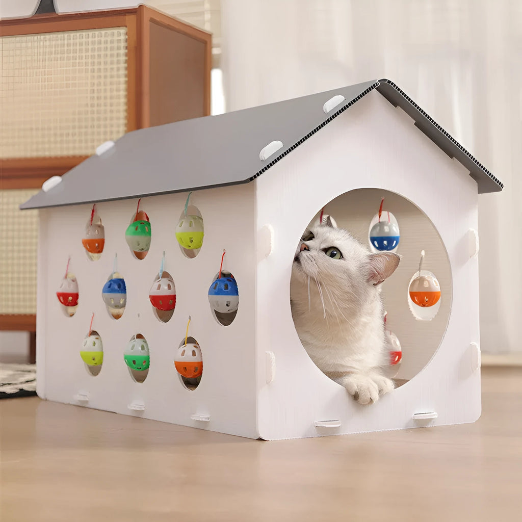 Integrated cat scratch board and nest toy with tunnel design and bell ball