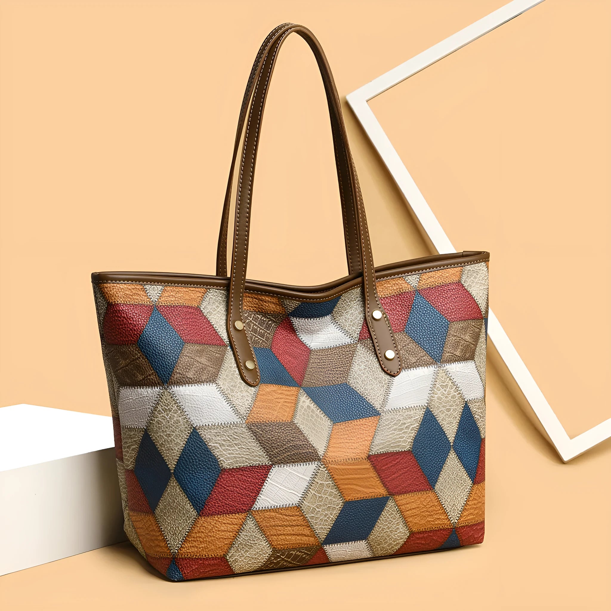 Women's PVC shoulder handbag with sandwich pockets in blue brown colour option