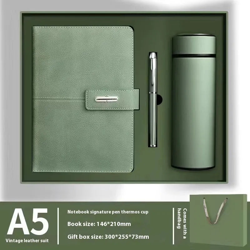 A5 notebook with PU leather cover in one of six colour options, showing wood-free paper inside.