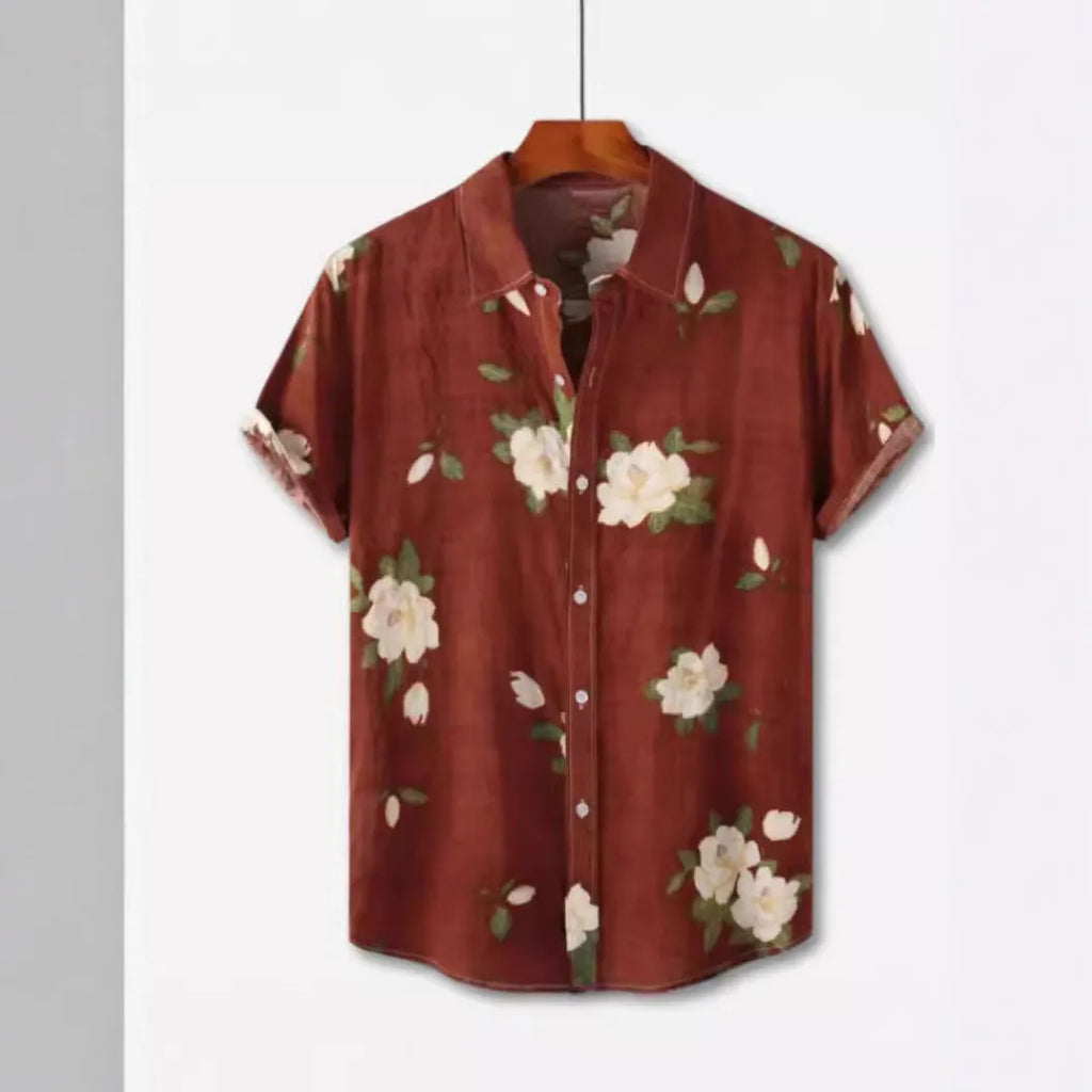 Short sleeve cardigan shirt with a Hawaiian floral pattern printed on the lapel, made from elastic polyester fabric.