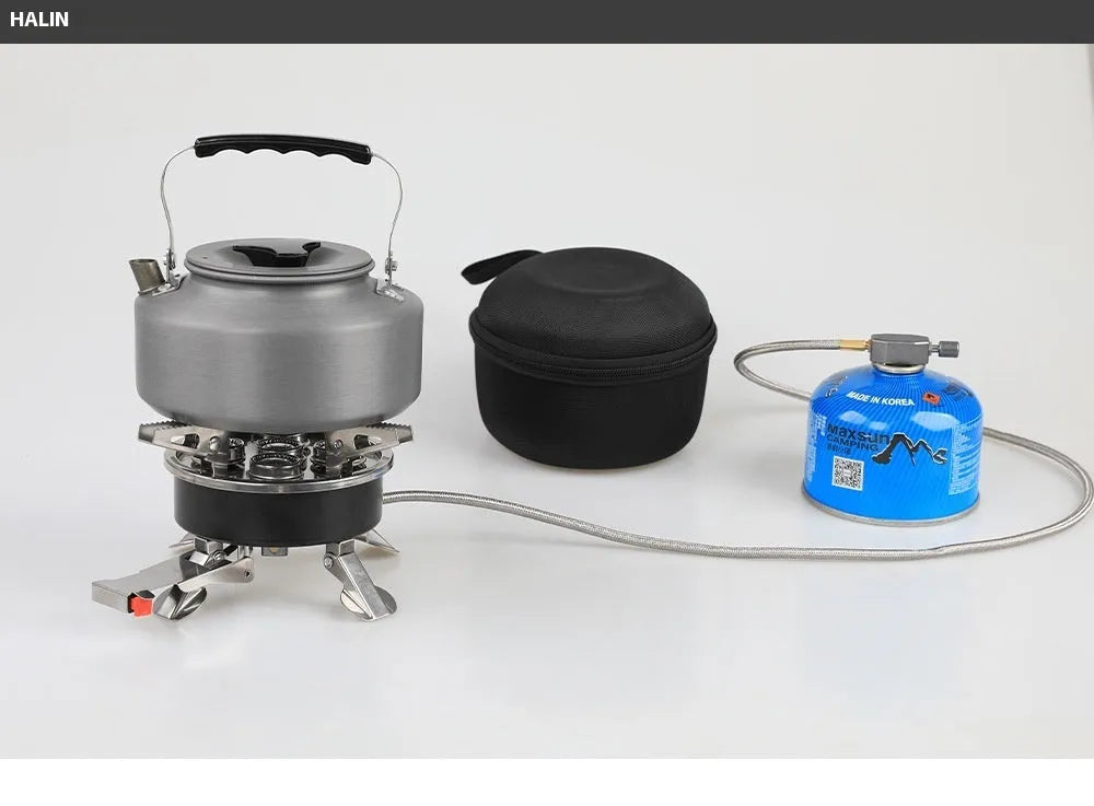 Silver portable stainless steel split camping stove with a long hose, shown folded.