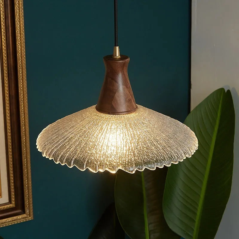 Retro wooden chandelier with glass shades in three size options