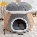 Mushroom-shaped cat bed in rabbit plush material showing grey, pink and purple colour options