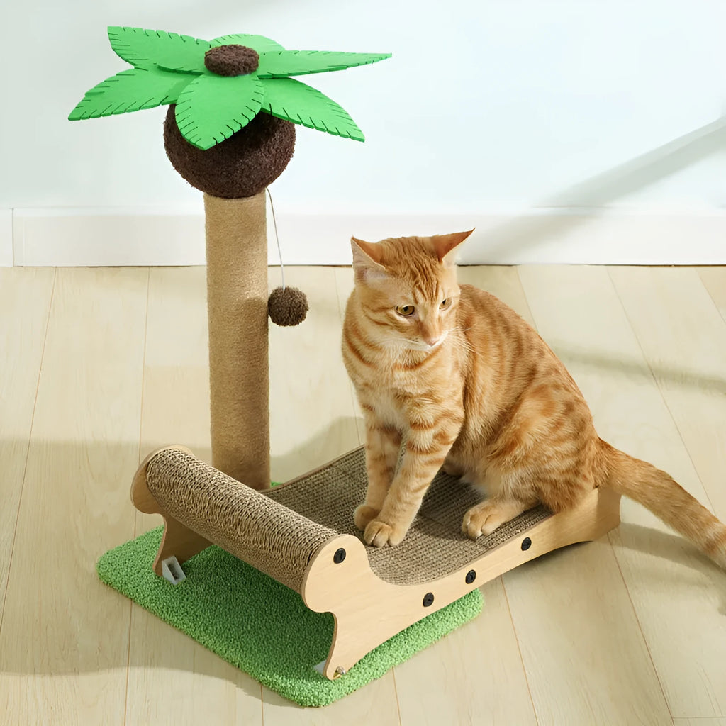 Wooden beach chair style cat climbing frame with scratch board and hemp mat column