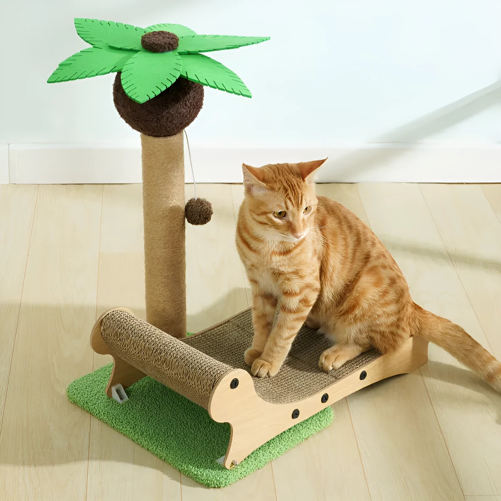 Wooden beach chair style cat climbing frame with scratch board and hemp mat column