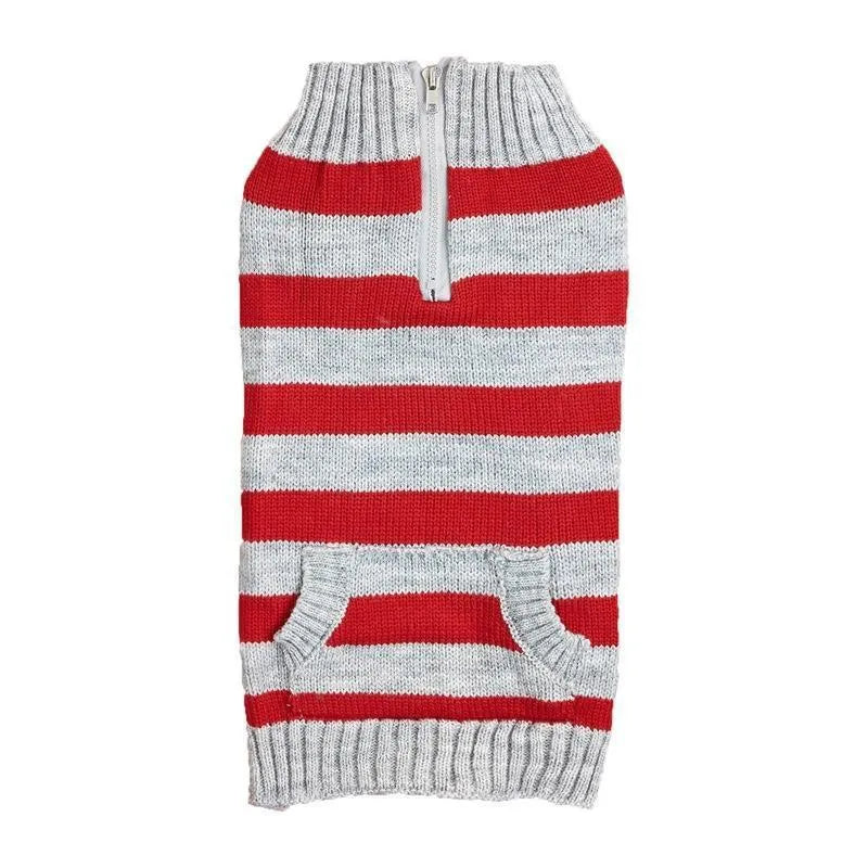 Grey dog sweater with horizontal front zipper and contrast colour button pocket on small breed dog