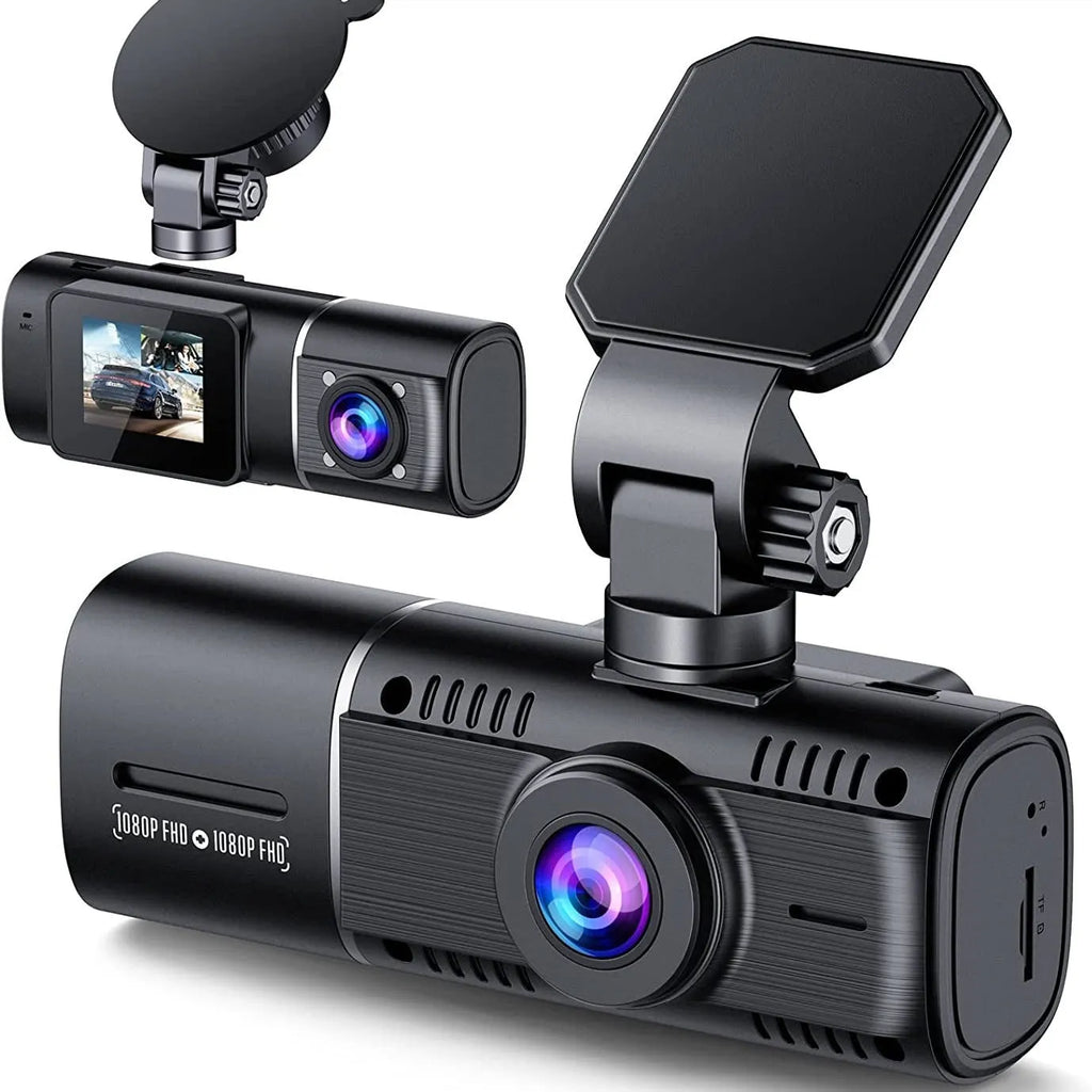 Standard black 1080p dashcam car camera with a 1.5-inch screen, shown with its car charger and mounting stand.