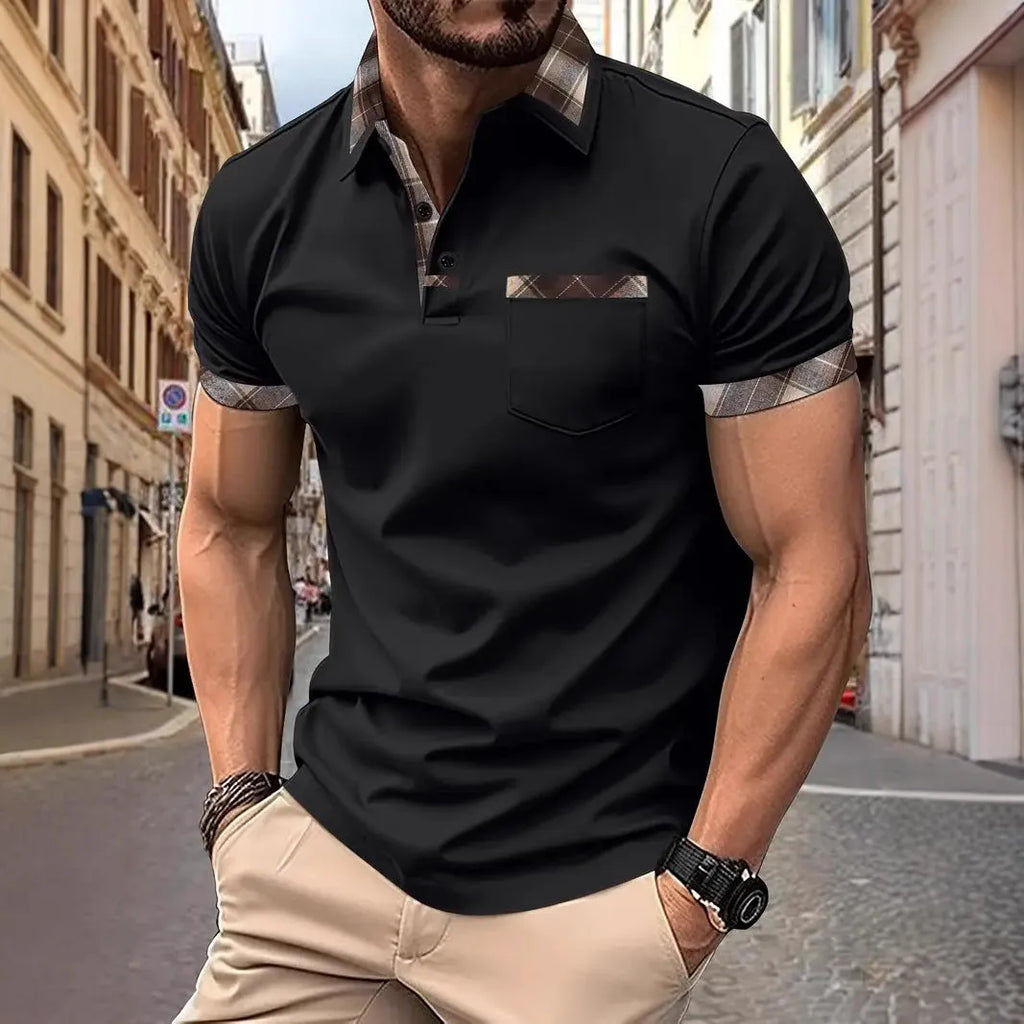 Men's plaid colourblock t-shirt with short sleeves and loose fitting cut