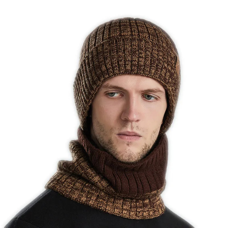 Outdoor fleece-lined thickened winter hat in dome crown style with matching neck warmer, available in multiple colours