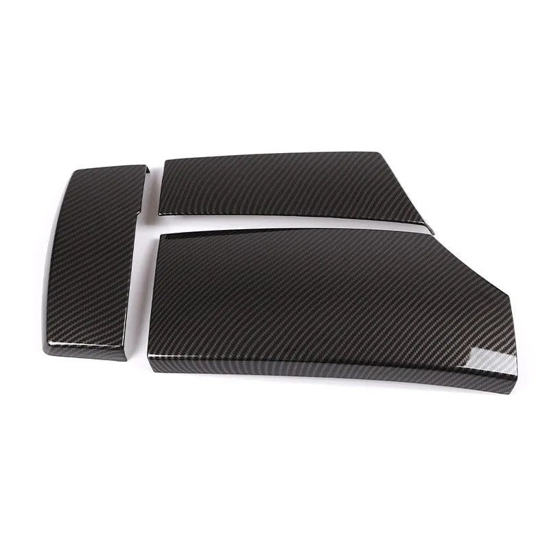 Three-piece set of black ABS armrest box protective covers with shiny carbon fibre pattern for car centre console.
