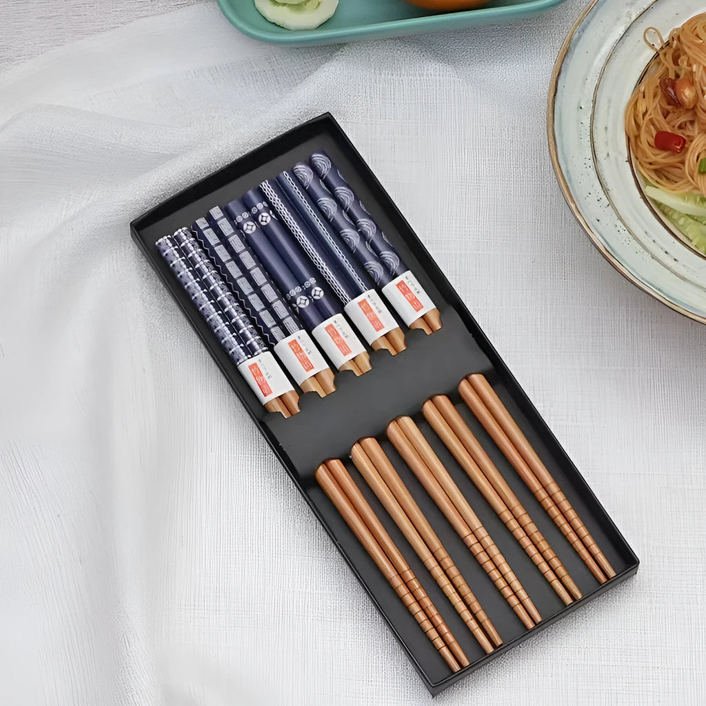 Five pairs of bamboo chopsticks with Japanese cartoon patterns in lucky cat or blue designs