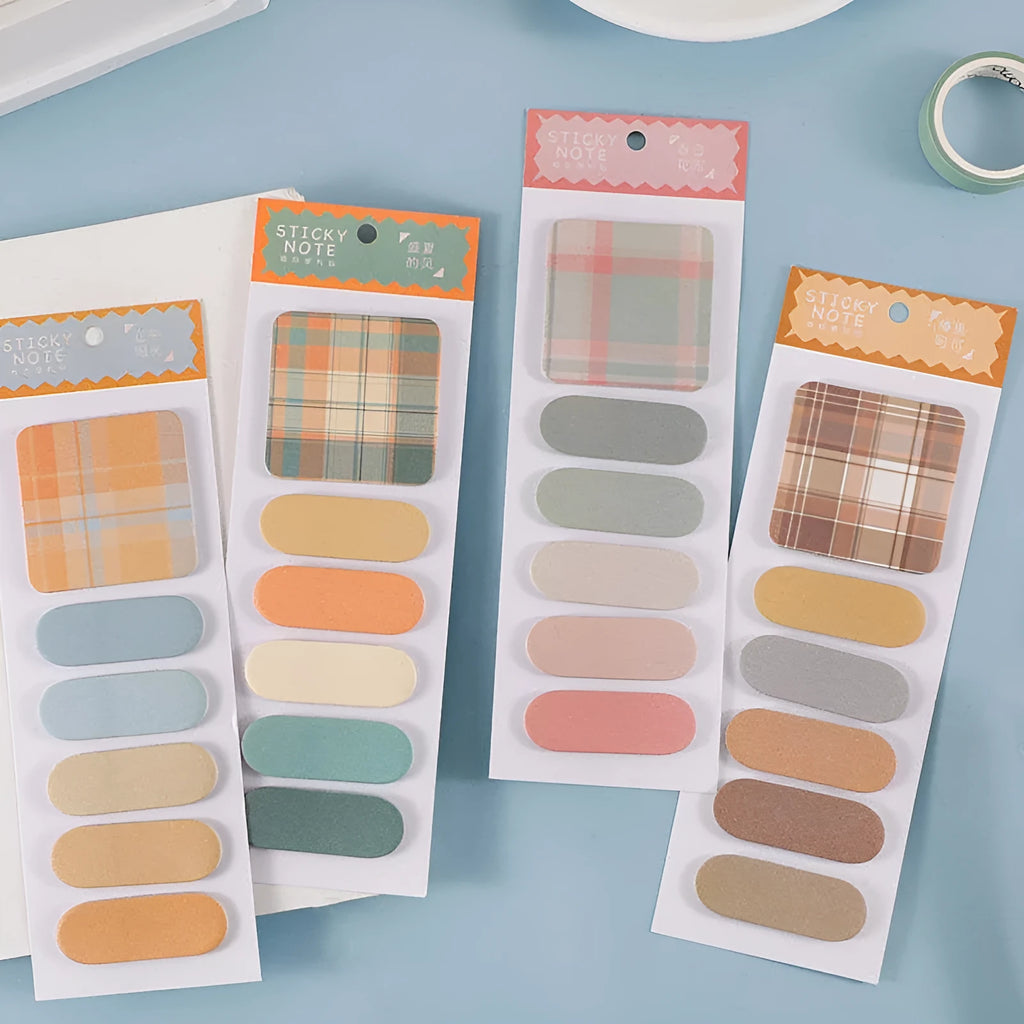 Colourful memo pad with plaid pattern sticky notes showing Spring Garden, Twilight Coast and other colour options