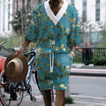 Men's peacock blue 3D printed knitted shorts suit with fifth pants length and matching T-shirt