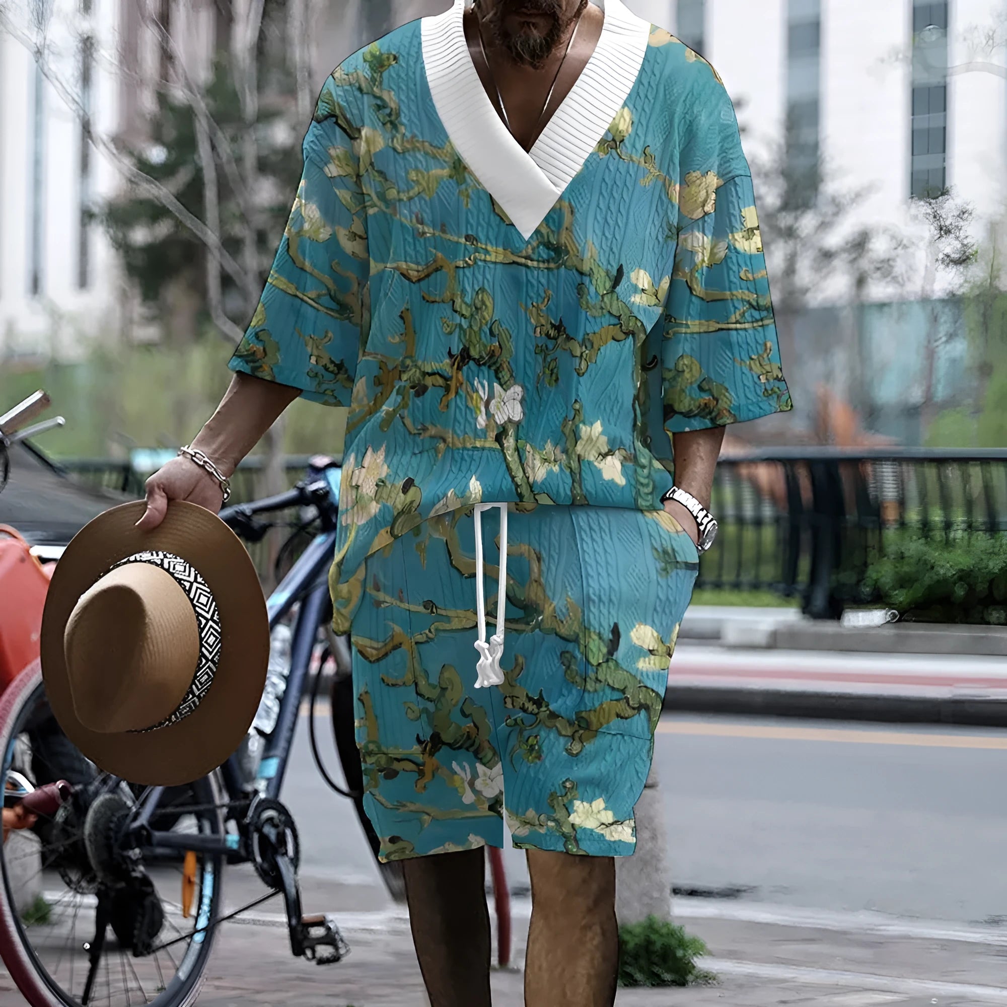 Men's peacock blue 3D printed knitted shorts suit with fifth pants length and matching T-shirt