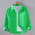 Men's simple casual long sleeve linen shirt in blue, shown front view
