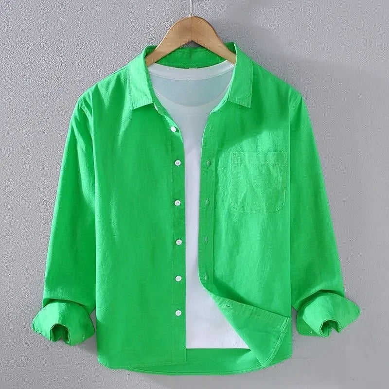 Men's simple casual long sleeve linen shirt in blue, shown front view