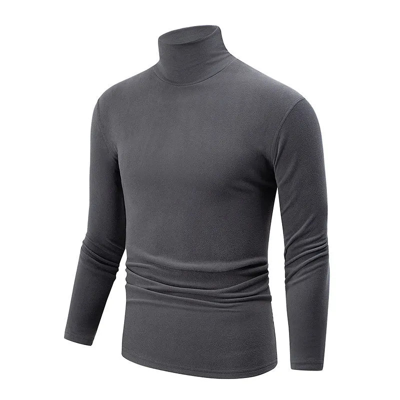 Men's solid colour high-neck polyester base layer top in black, long sleeves, thick fabric for winter warmth