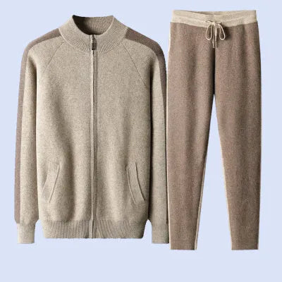 Men's cashmere wool blend cardigan suit with half turtleneck zip top and matching trousers in winter colours