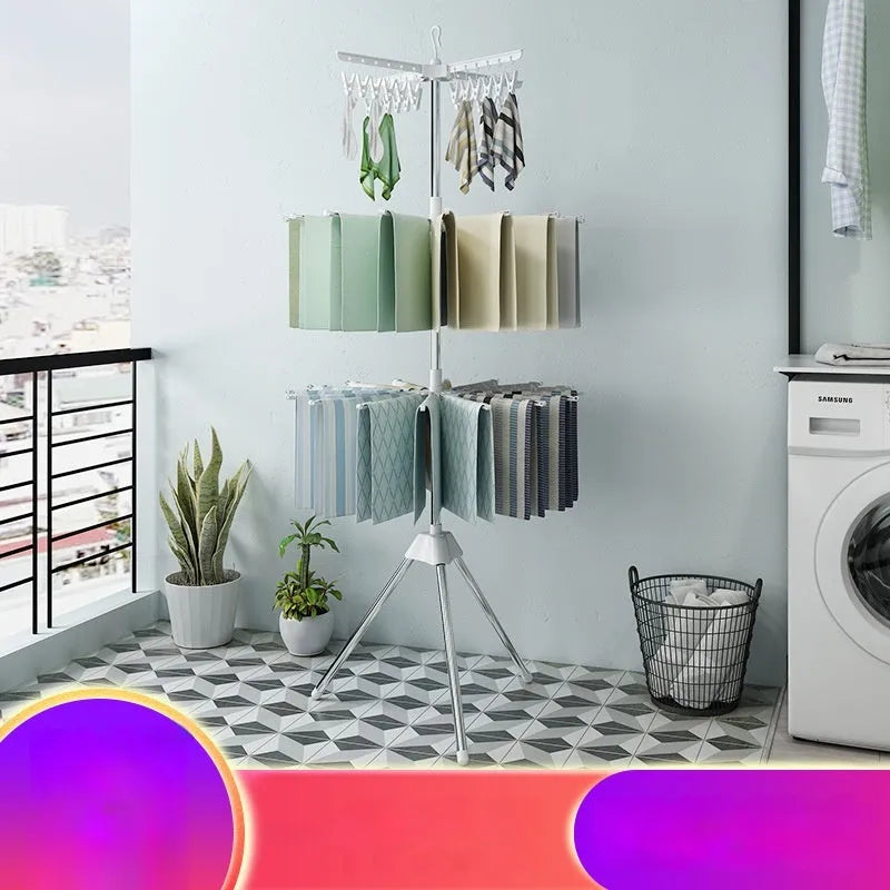 Mobile three-layer stainless steel drying rack with plastic clips for socks and ties.