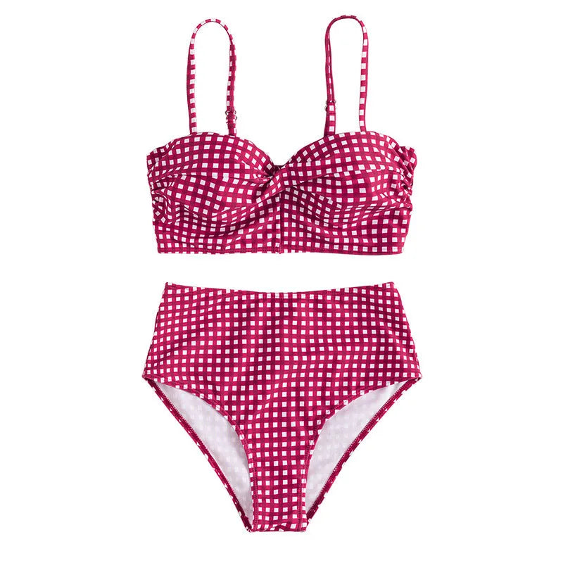 Women's high-waisted plaid bikini swimsuit with split sides in rose red, shown as a top and brief set.