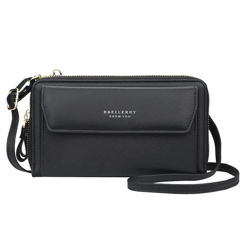 Soft red PU leather ladies long wallet with double zipper, shown as a diagonal messenger bag