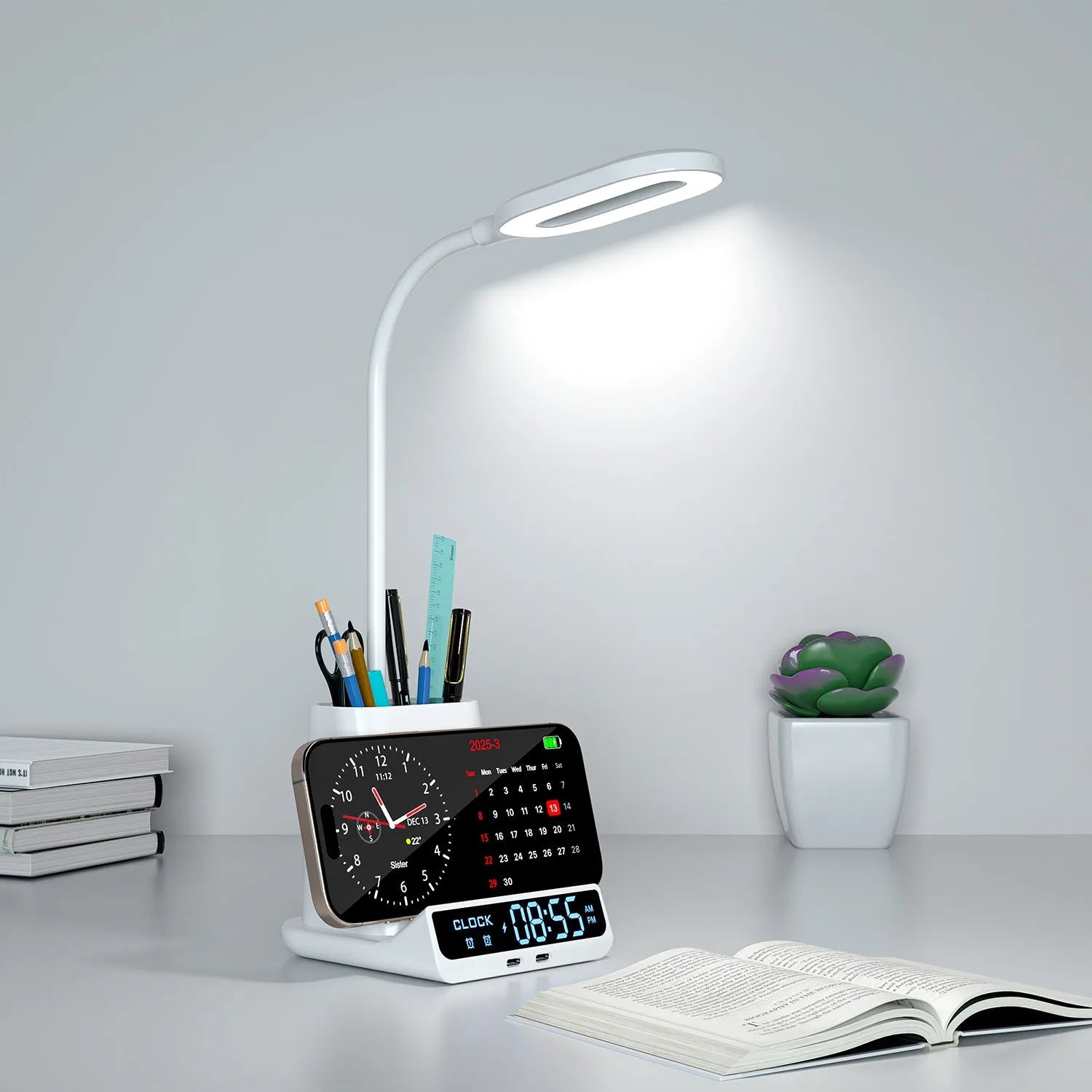 Black wireless charging desk lamp with built-in storage box and pen holder compartments.