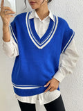 Women's college style wool vest sweater in loose-fitting free size available in blue, coffee and black colours