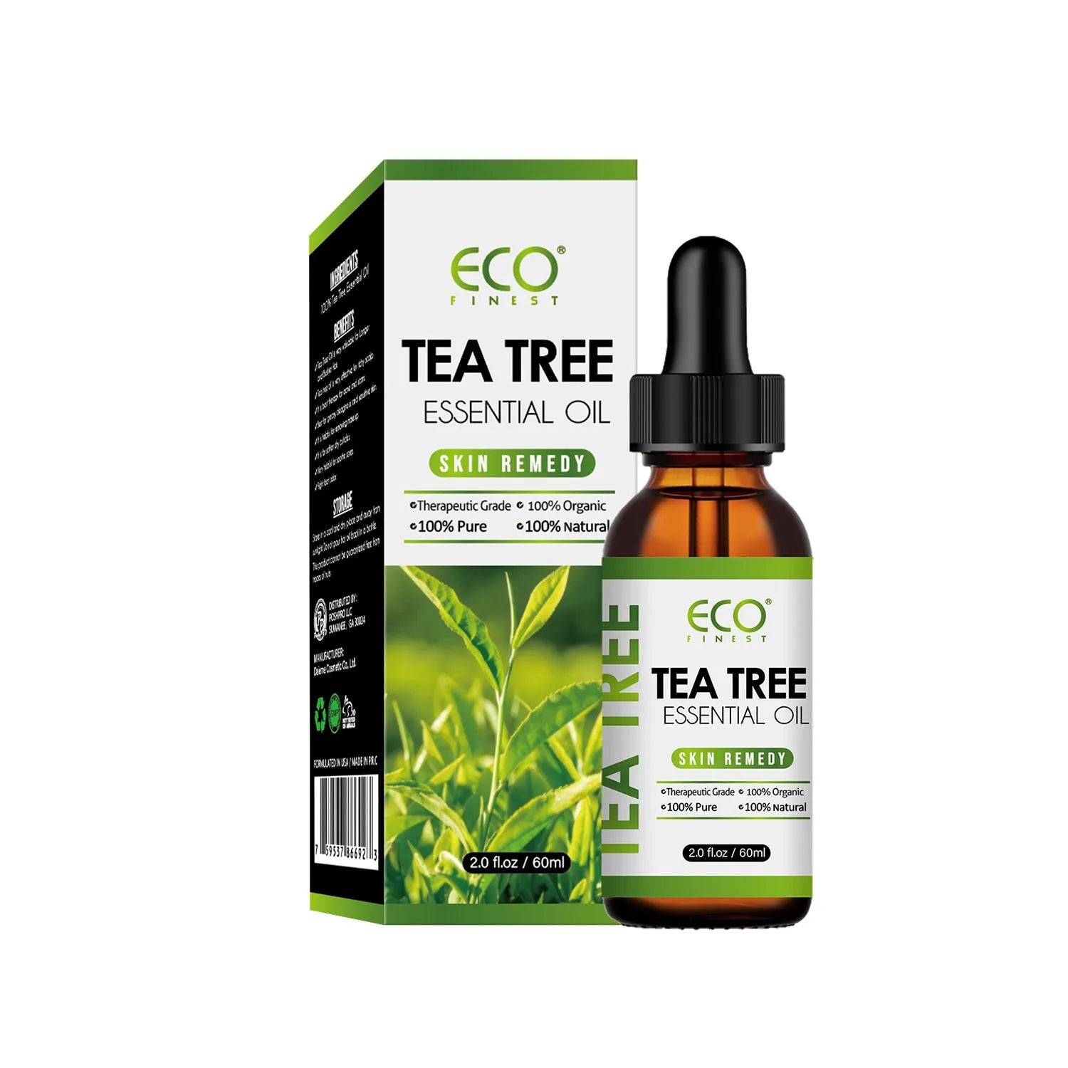 60ml bottle of tea tree essential oil for acne and massage use.