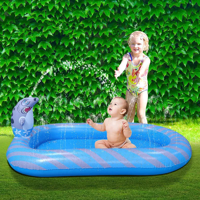 Blue inflatable dinosaur-shaped pool with water spray feature, shown in a garden setting.