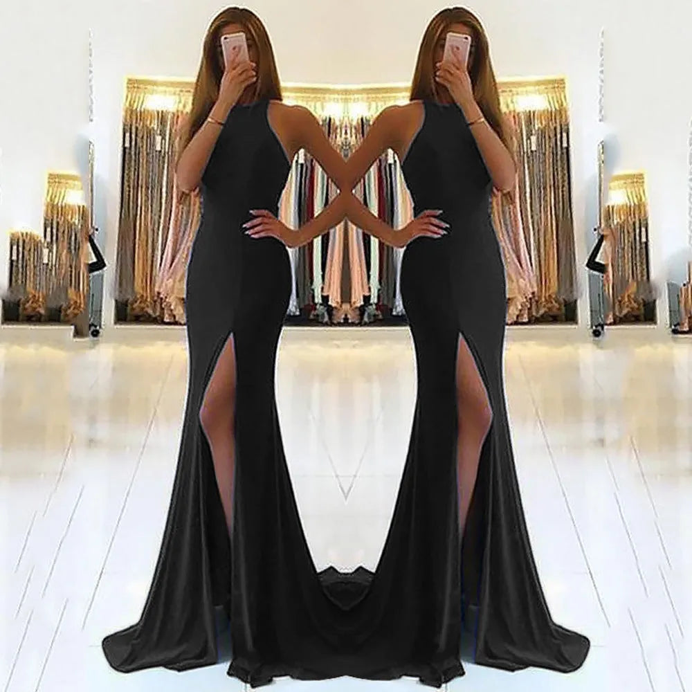 Long red knitted evening dress with hollow design details and high waist