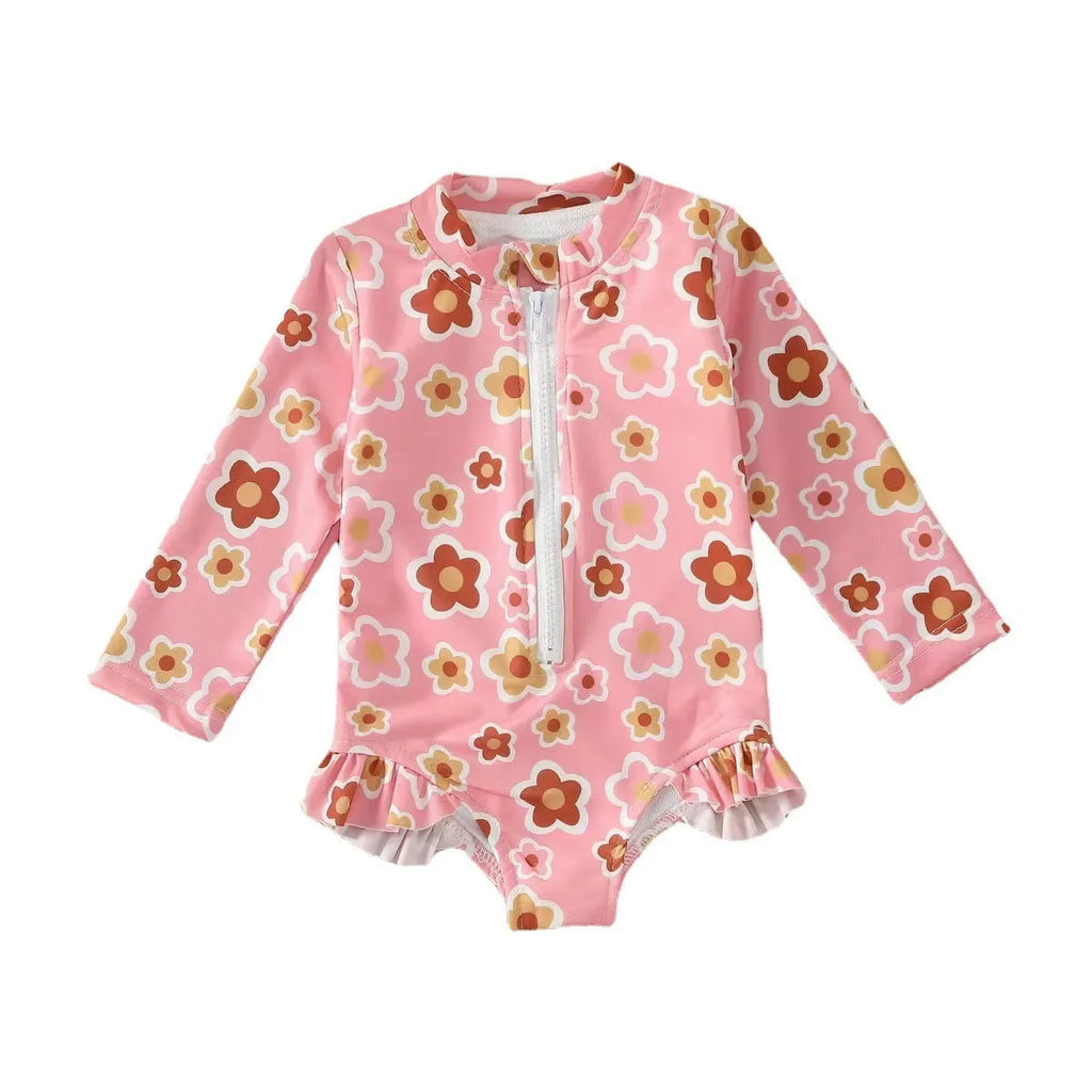 Girls' floral pattern zipper romper swimsuit in pink, polyester and spandex, side view