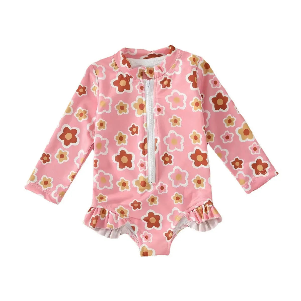 Girls' floral pattern zipper romper swimsuit in pink, polyester and spandex, side view