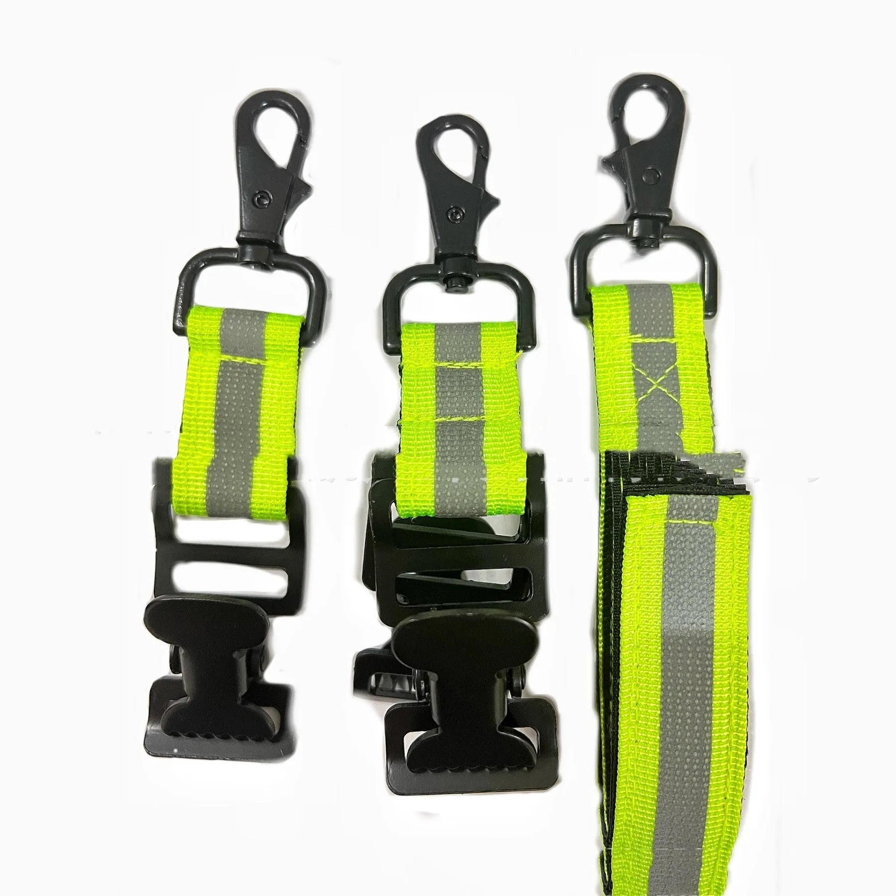 Fluorescent green safety clip with metal buckle and reflective tape for fireman gloves.