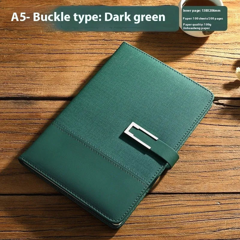 A5 business notebook with PU leather cover in brown, black, green, blue, or red, alongside a luxury gift box.