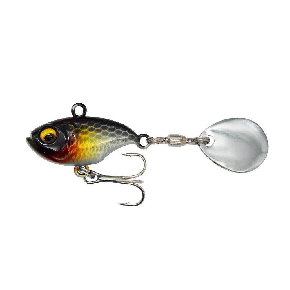 Metal plate fishing lure with rotating sequins shown in multiple colour options including zebra stripes and solid gold.